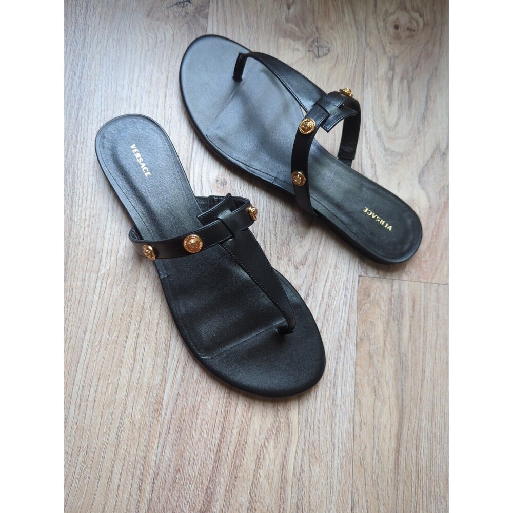 Versace Medusa Studs Flat Thong Sandals Black Leather Womens 10 EU 40 DST669CS - Picture 8 of 14